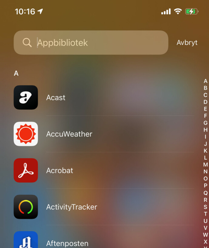 <strong>APPLISTE:</strong> Du kan også velge å få appene dine listet opp i alfabetisk rekkefølge. Her kan søket komme godt med om det er en spesifikk app du leter etter. Skjermbilde: Kirsti Østvang <strong>APPLISTE:</strong> Du kan også velge å få appene dine listet opp i alfabetisk rekkefølge. Her kan søket komme godt med om det er en spesifikk app du leter etter. Skjermbilde: Kirsti Østvang