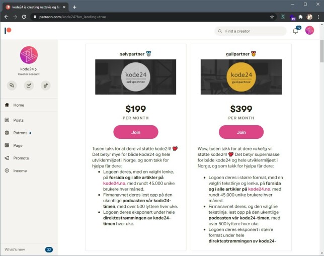Som sølv- eller gullpartner på patreon.com/kode24 kan firmaet ditt få god eksponering på alle kode24s kanaler. Som sølv- eller gullpartner på patreon.com/kode24 kan firmaet ditt få god eksponering på alle kode24s kanaler.