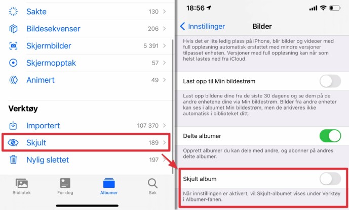 <strong>IKKE HELT SKJULT:</strong> Bilder du velger å skjule legger seg i et eget skjult album, som til nå har vært lett tilgjengelig fra albumer-fanen. Men i iOS 14 kan du endelig velge å skjule dette. Skjermbilde: Kirsti Østvang <strong>IKKE HELT SKJULT:</strong> Bilder du velger å skjule legger seg i et eget skjult album, som til nå har vært lett tilgjengelig fra albumer-fanen. Men i iOS 14 kan du endelig velge å skjule dette. Skjermbilde: Kirsti Østvang