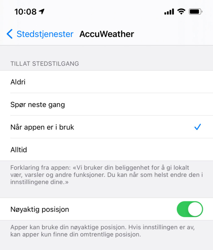 <strong>NØYAKTIG POSISJON:</strong> Hvis du ikke vil at en app skal vite nøyaktig hvor du er, kan du nå velge å skru det av. Skjermbilde: Kirsti Østvang <strong>NØYAKTIG POSISJON:</strong> Hvis du ikke vil at en app skal vite nøyaktig hvor du er, kan du nå velge å skru det av. Skjermbilde: Kirsti Østvang